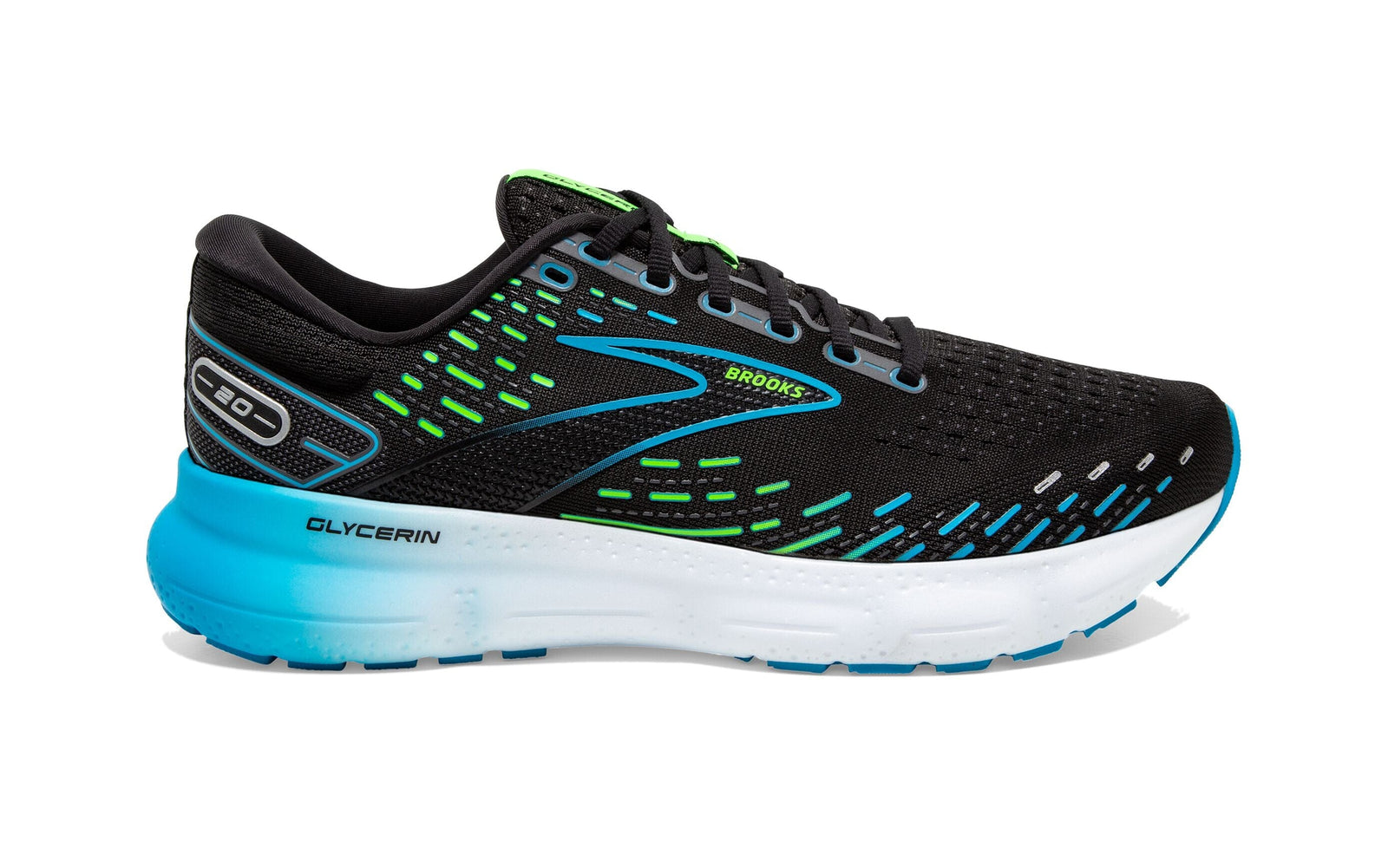 Brooks Men's Glycerin 20 Road Running Shoes Black/Hawaiian Ocean/Green US 8 Regular