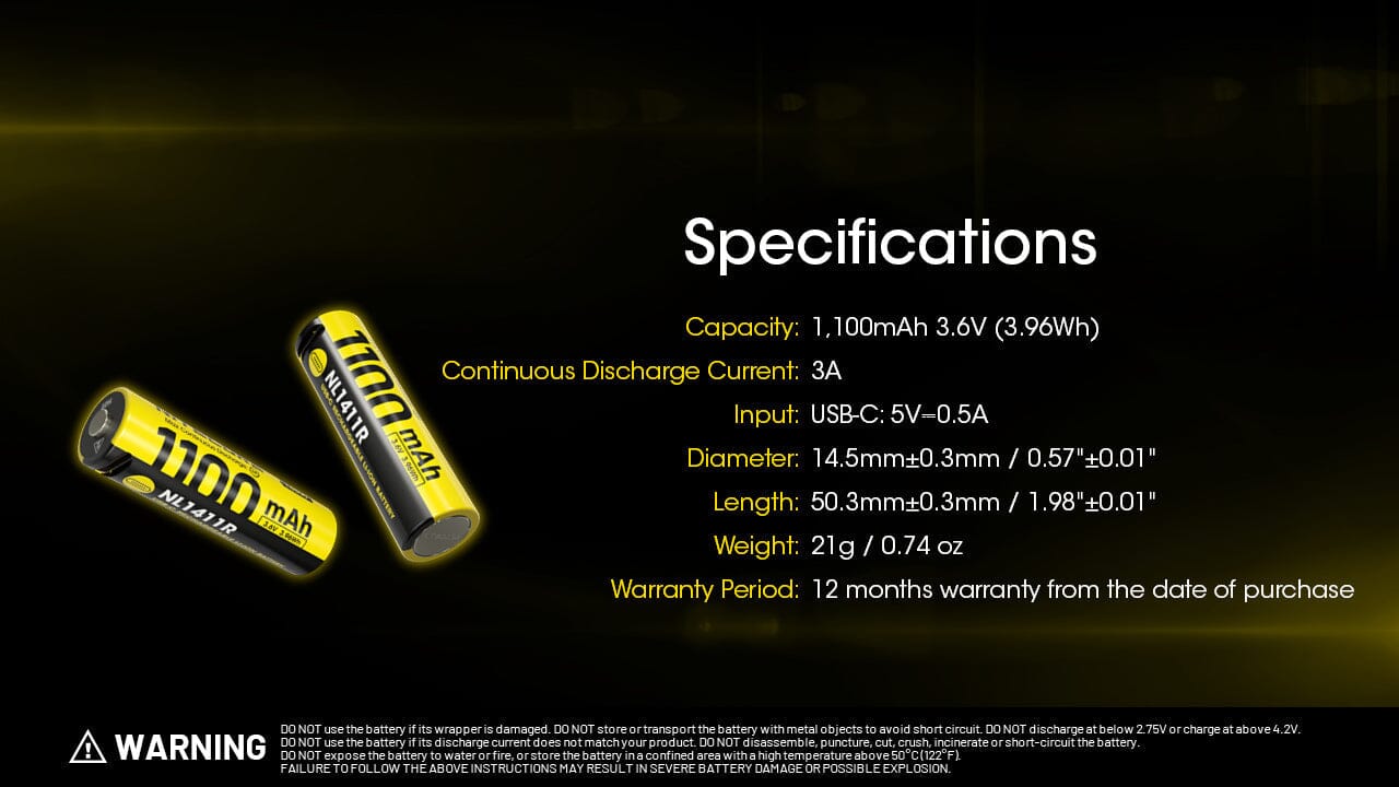 Nitecore NL1411R 1100mAh USB-C Rechargeable 14500 Battery 