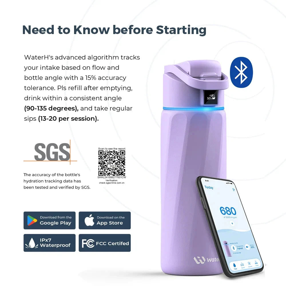 WaterH Boost Smart Water Bottle: 24 oz Hydration Tracker with APP & Insulation 