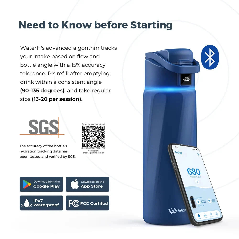 WaterH Boost Smart Water Bottle: 24 oz Hydration Tracker with APP & Insulation 