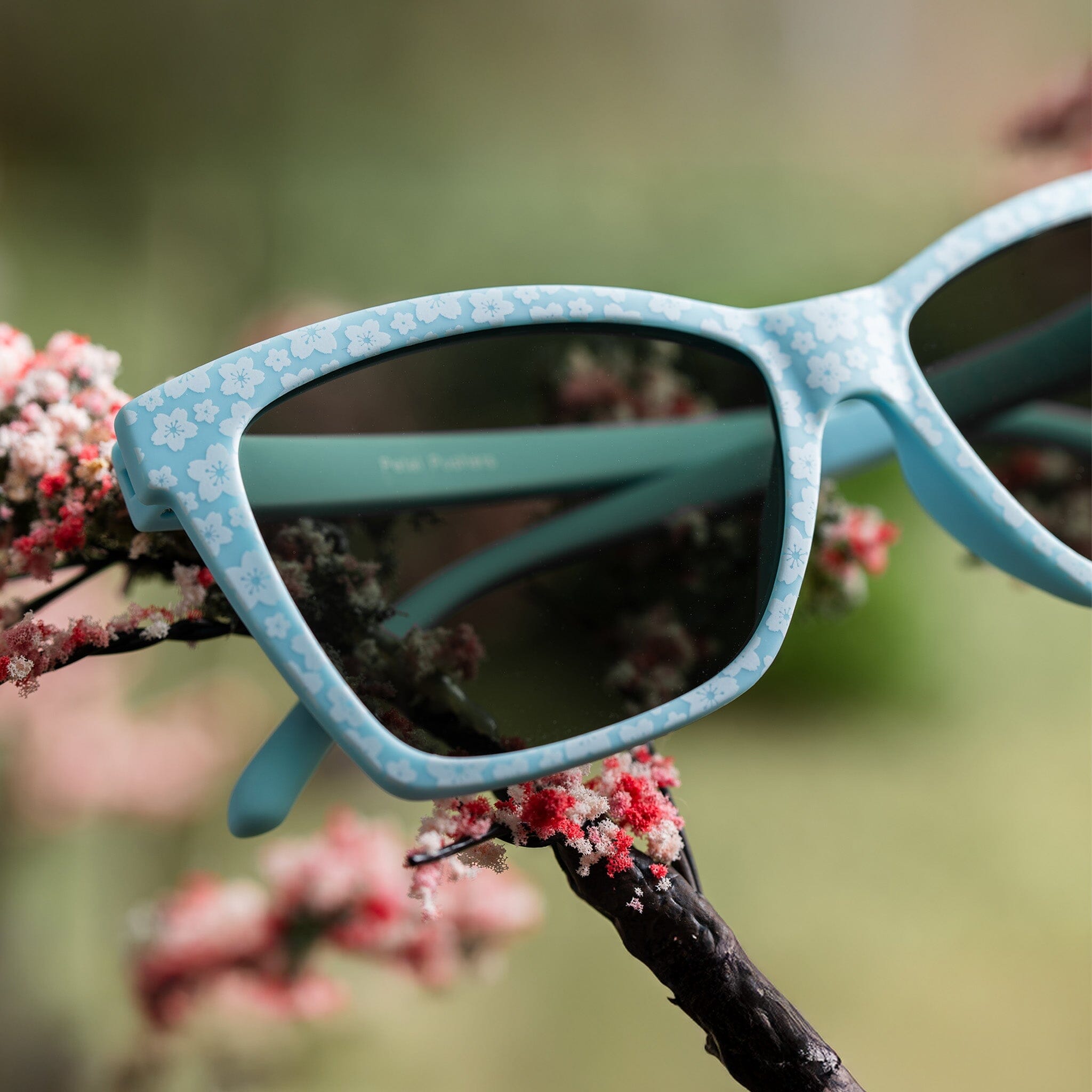Light blue cherry blossom sunglasses sitting in a mini landscape of cherry blossom trees with a blurred green background.