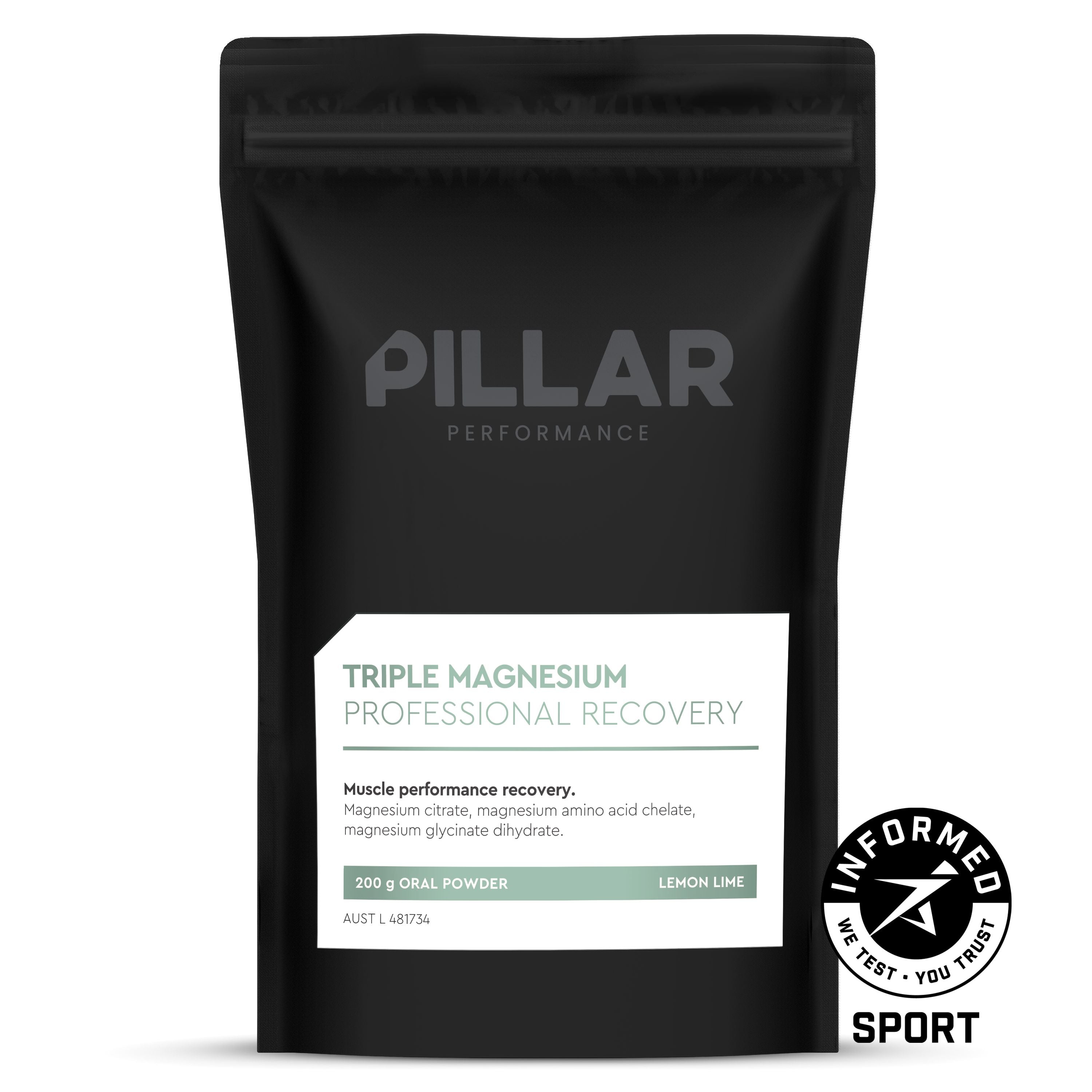 PILLAR Triple Magnesium Powder Lemon Lime Pouch (200g/40 Serves) 