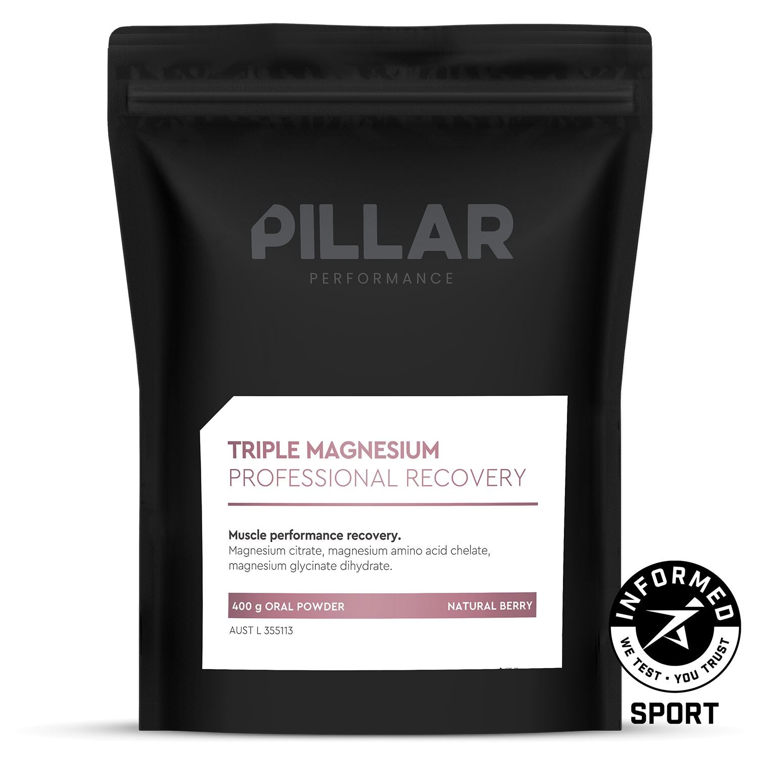 PILLAR Triple Magnesium Powder Natural Berry Volume Pack (400g/80 Serves) 