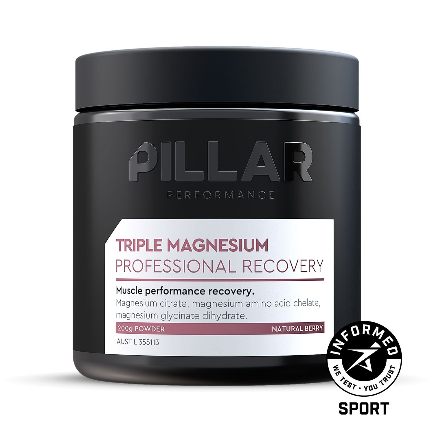 PILLAR Triple Magnesium Powder Natural Berry Jar (200g/40 Serves) 