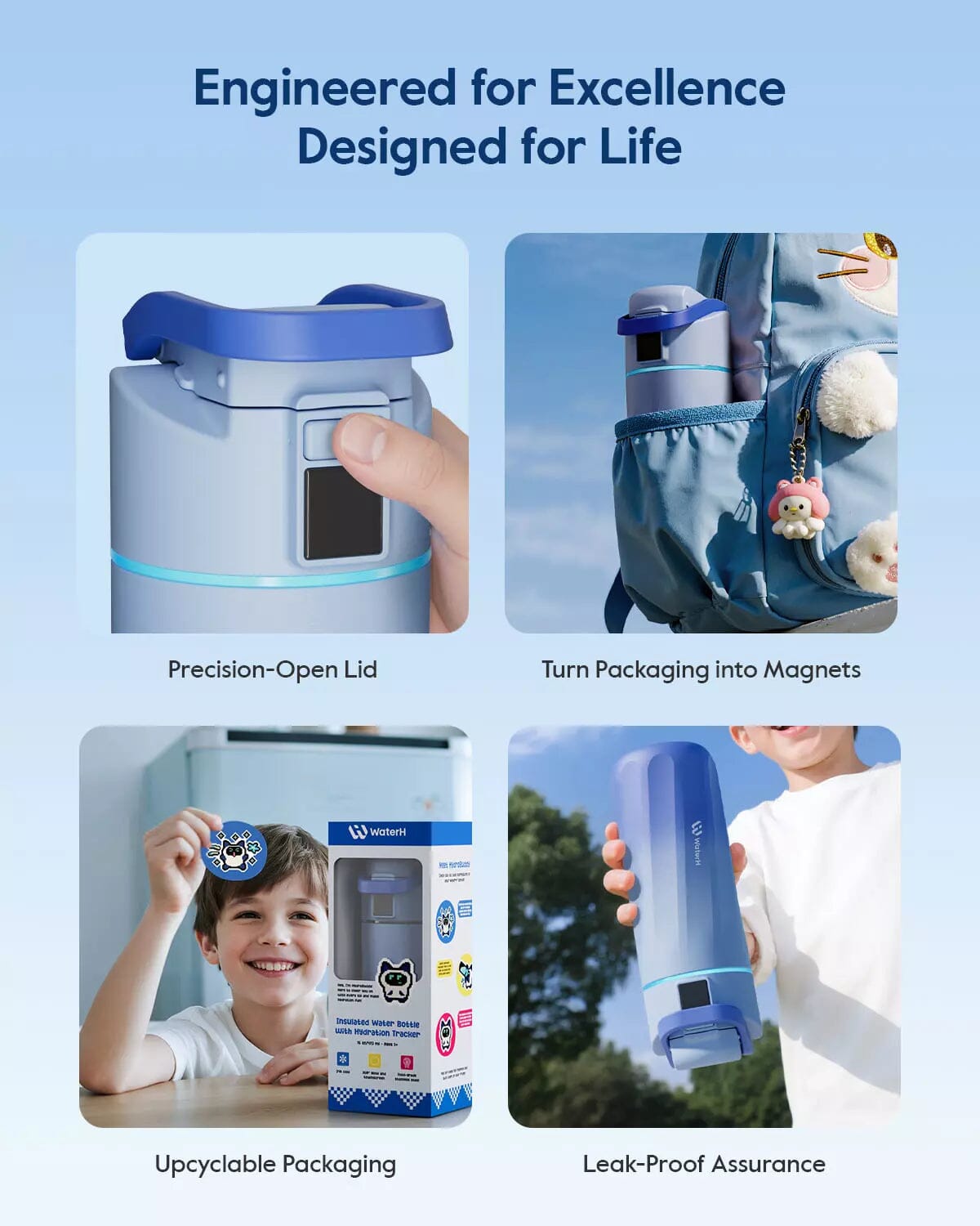 WaterH kids Smart Water Bottle 16oz with Light-Up Reminder & App Rewards 