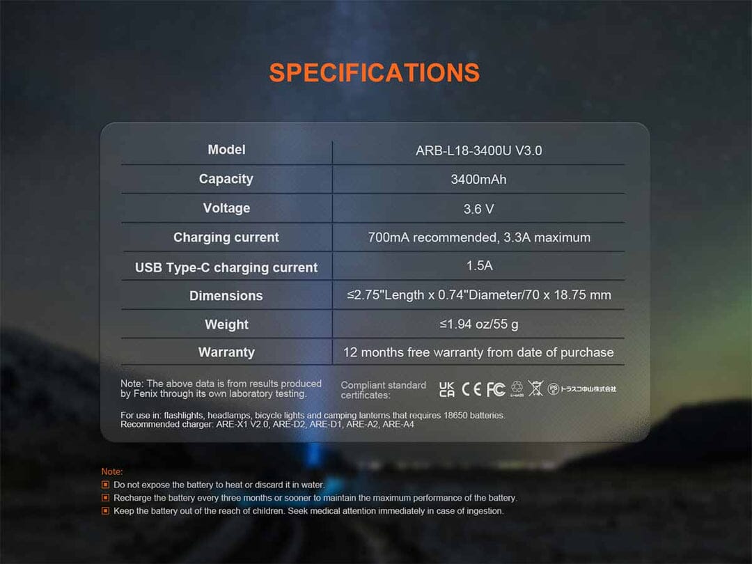 Fenix ARB-L18-3400U V3.0 Built-in USB Rechargeable Battery 