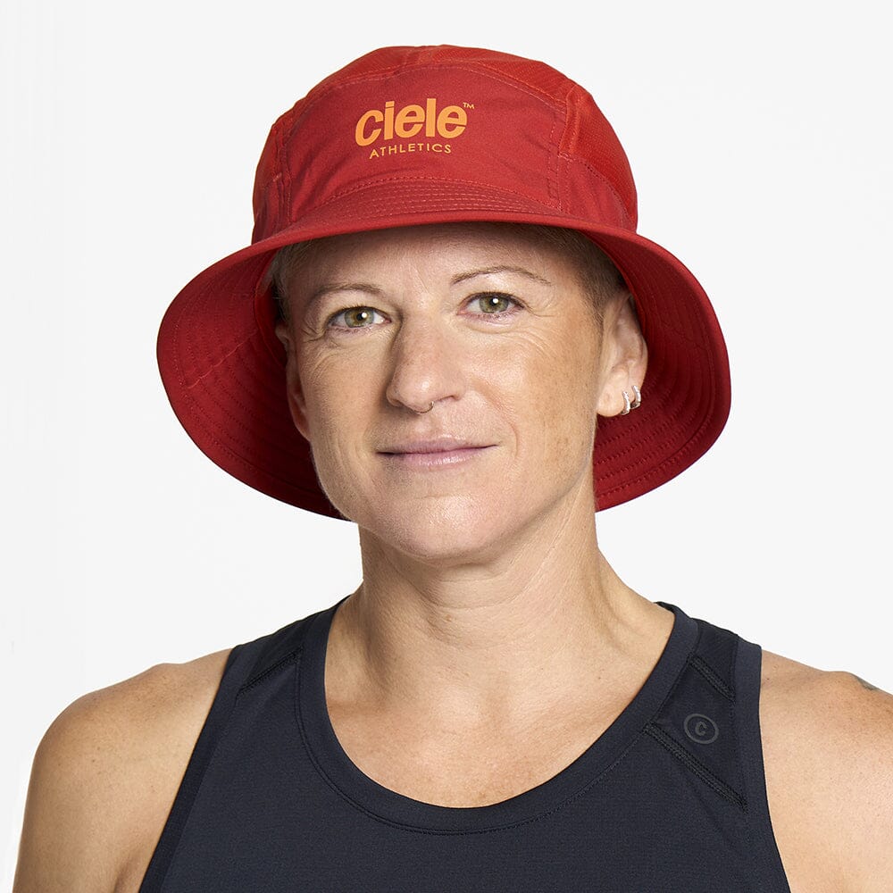 front view of ciele athletics GOBucket Comp Athletics unisex running bucket hat in clay color
