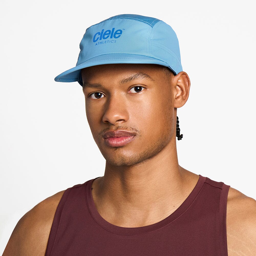 front view of the ciele athletics GOCap unisex running hat in dusty blue color