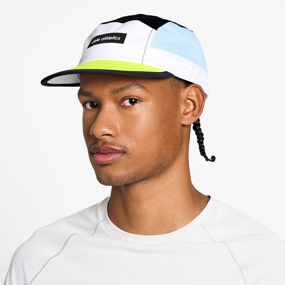 front view of the ciele athletics GOCap unisex running hat in black and white color