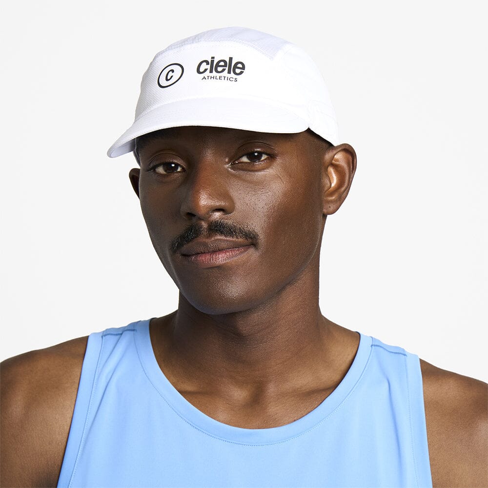 front view of ciele athletics FSTCap SC Classic C Side unisex running hat in whitaker color