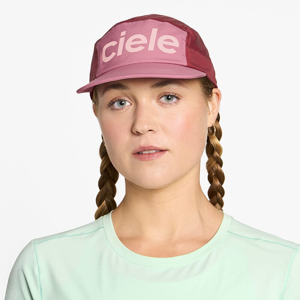 front view of ciele athletics GOCap Comp Century unisex running hat in deco rose merlot color