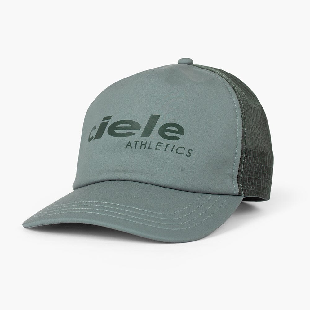 front view of the ciele athletics TRLCap unisex running hat with a curved brim in silver pine color