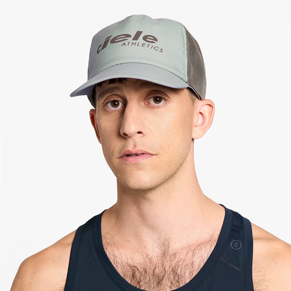 front view of ciele athletics TRLCap SC Comp one hundred unisex running hat in neutral grey color