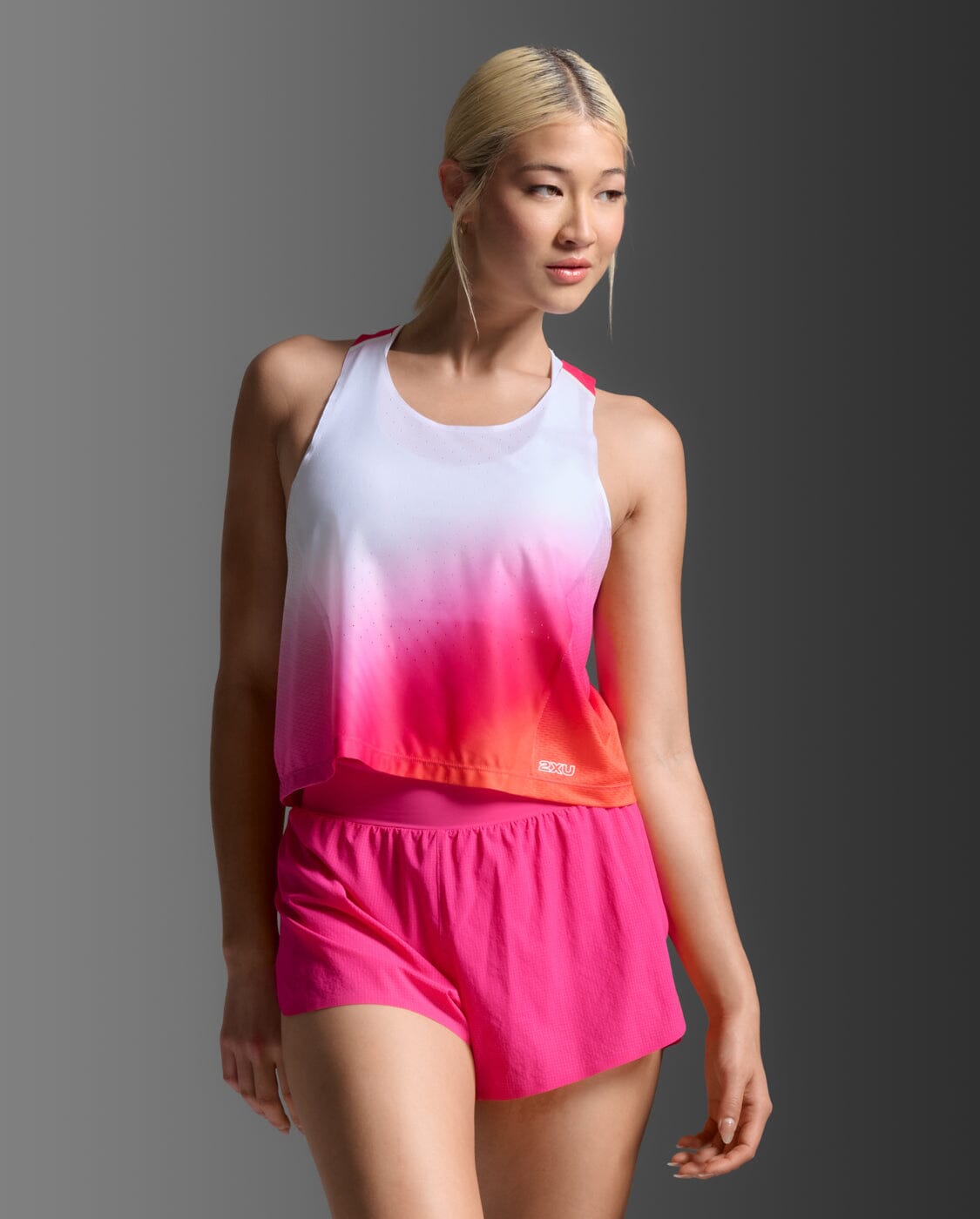 2XU Women's Light Speed React Crop Singlet WR7451A Fuchsia Grad/White Reflective XS 