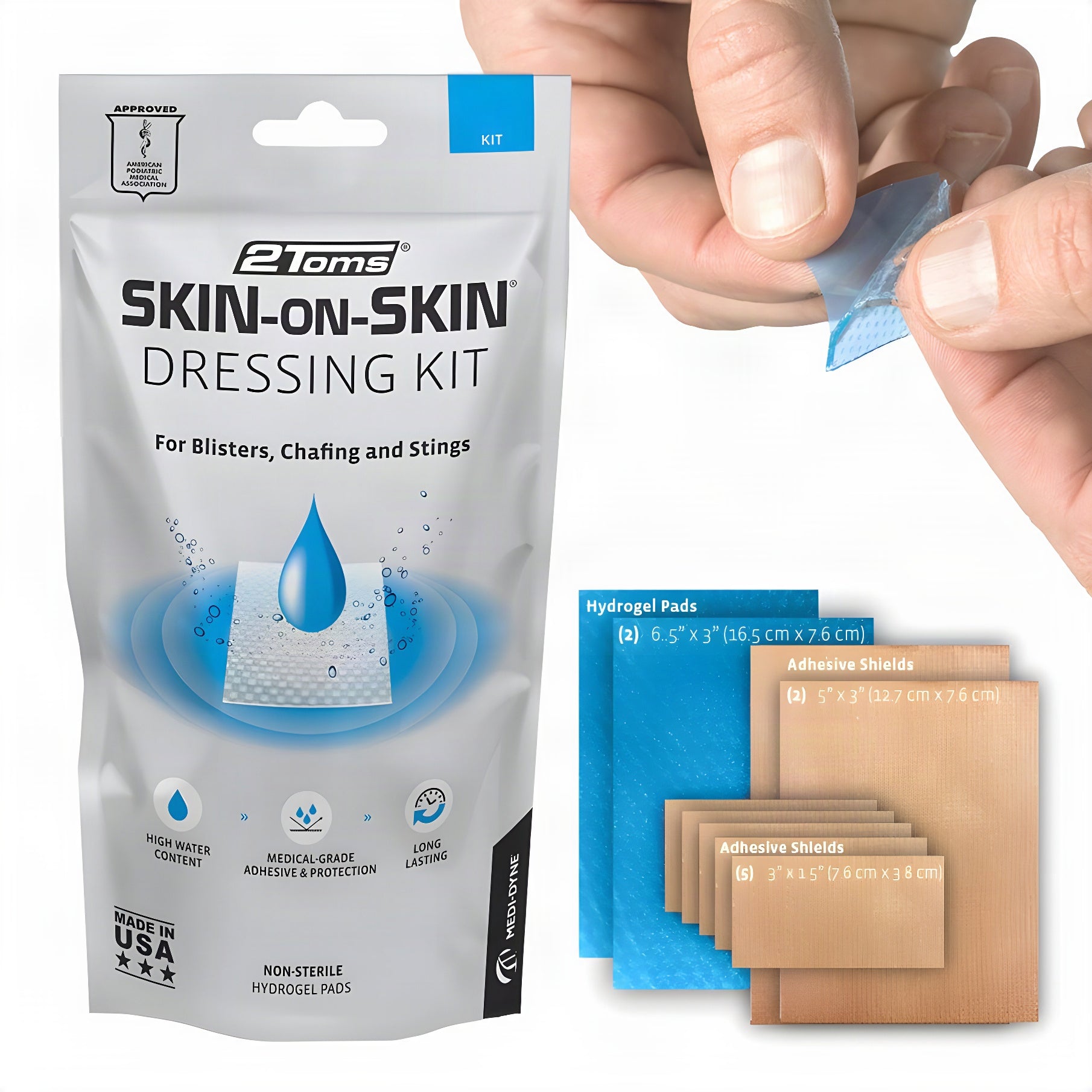 2Toms Skin-on-Skin Dressing Kit, Hydrogel Pads and Tape