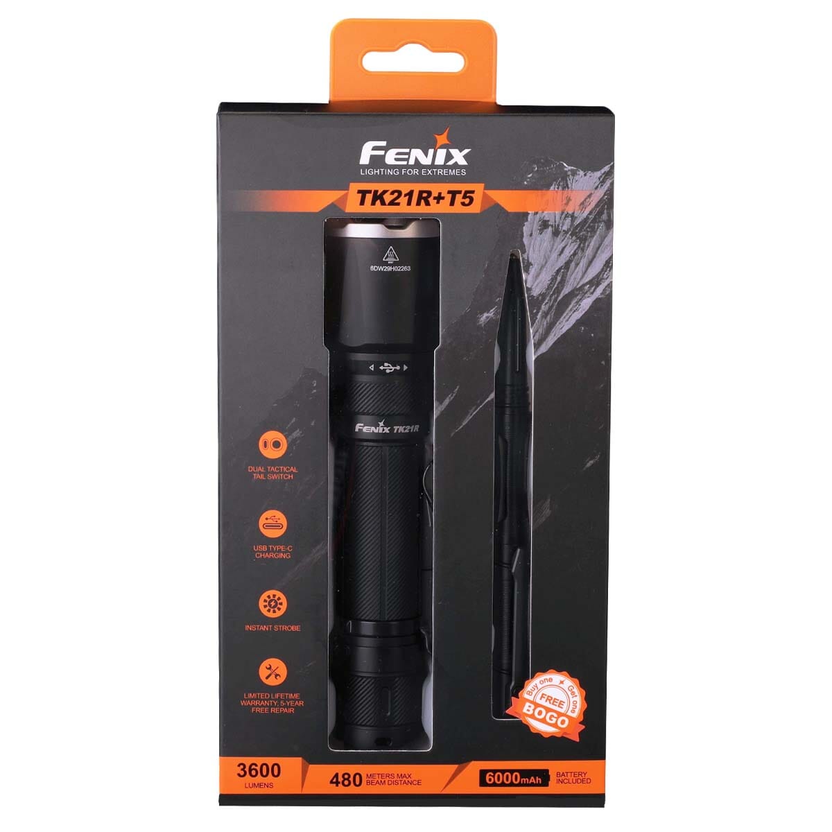 Fenix TK21R Rechargeable Tac Flashlight + T5 Tactical Pen Black