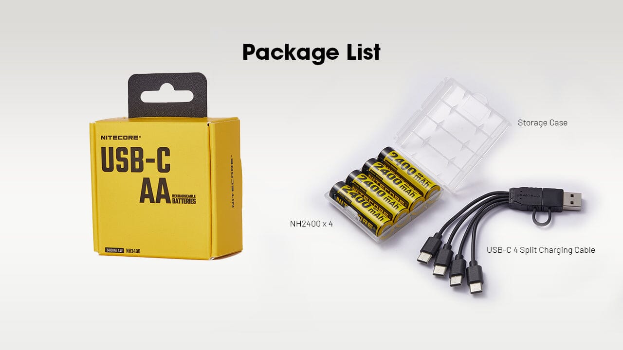 Nitecore NH2400 2400mAh USB-C Rechargeable AA Battery 4-Pack 