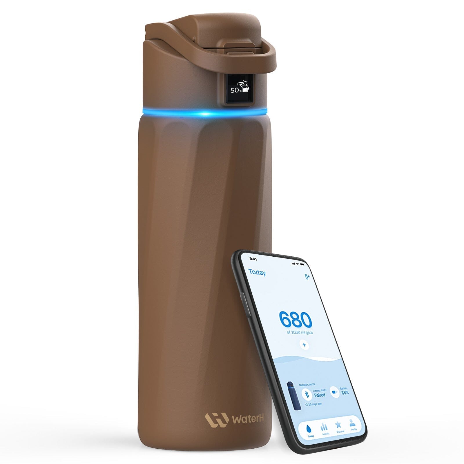 WaterH Boost Smart Water Bottle: 24 oz Hydration Tracker with APP & Insulation - Brown
