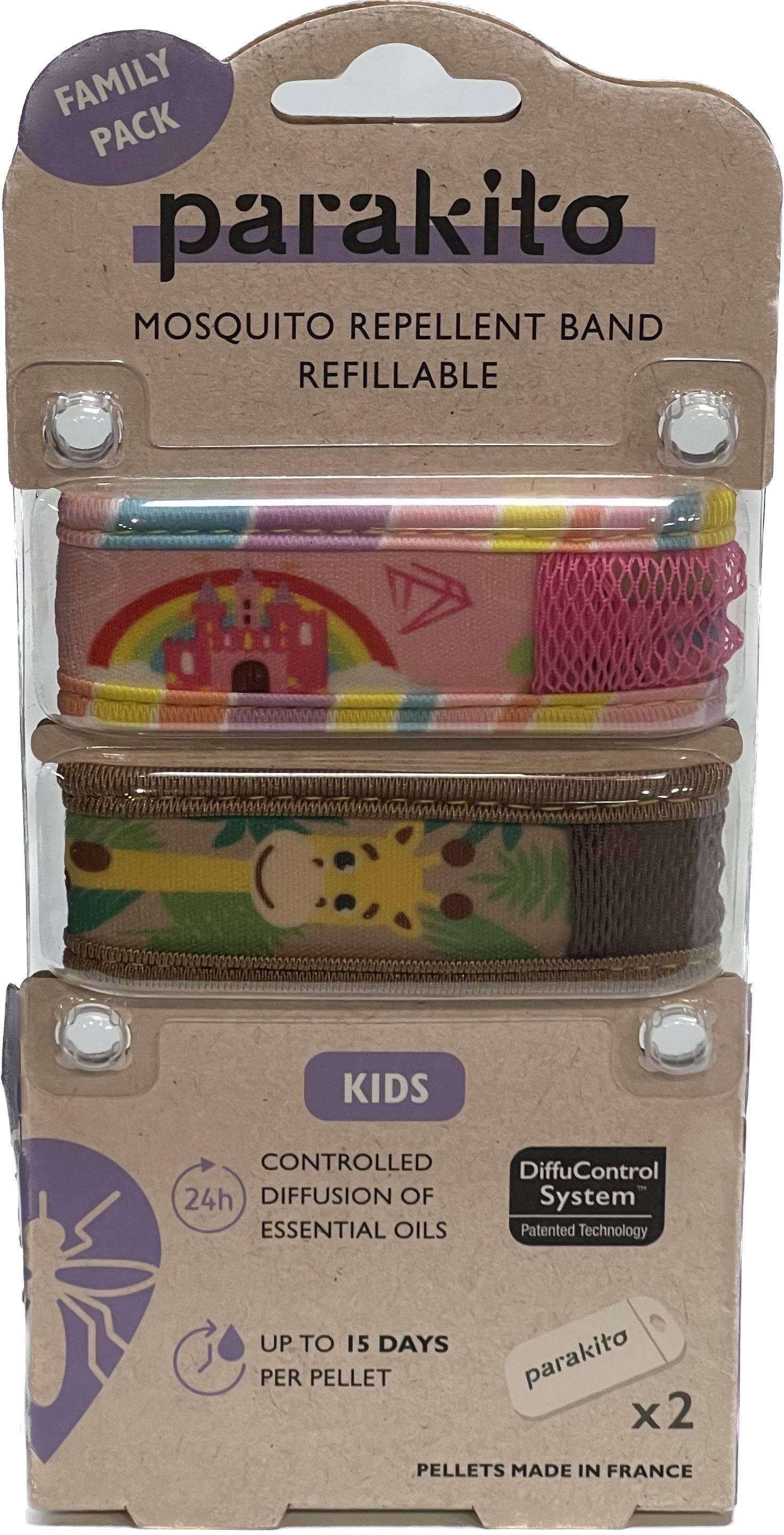 Para'Kito Kids Wristband 2-Pack Mosquito Repellent With 2 Refills Castle/Giraffe 